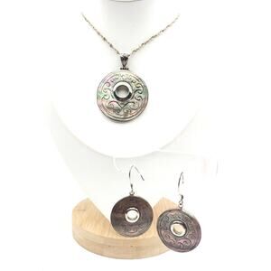 Sterling Silver Carved Shell Pendant Necklace Earrings 925 Abalone MOP Vintage